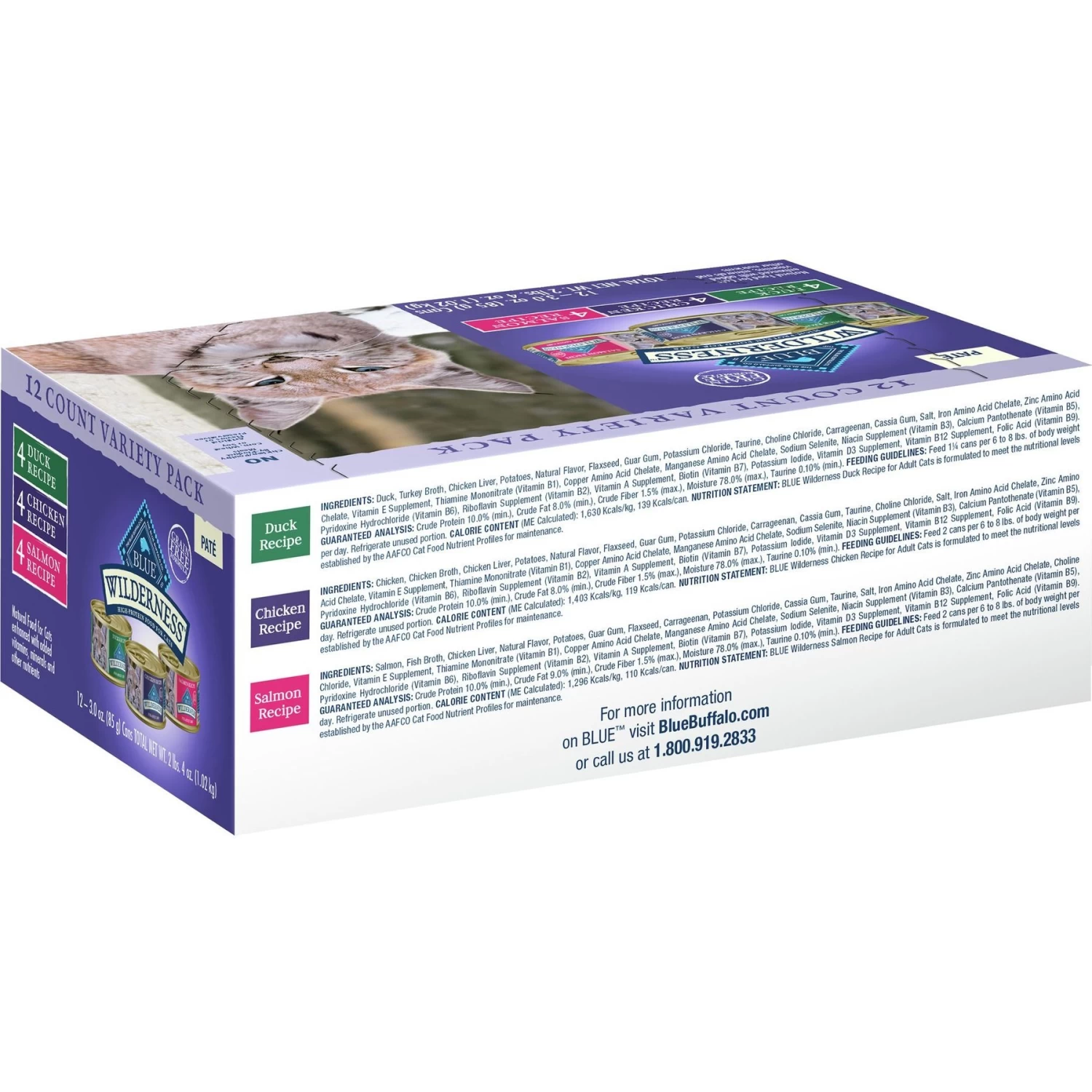 Blue Buffalo Wilderness Pate Variety Pack Duck, Chicken & Salmon Grain-Free Cat Canned Food - Image 2