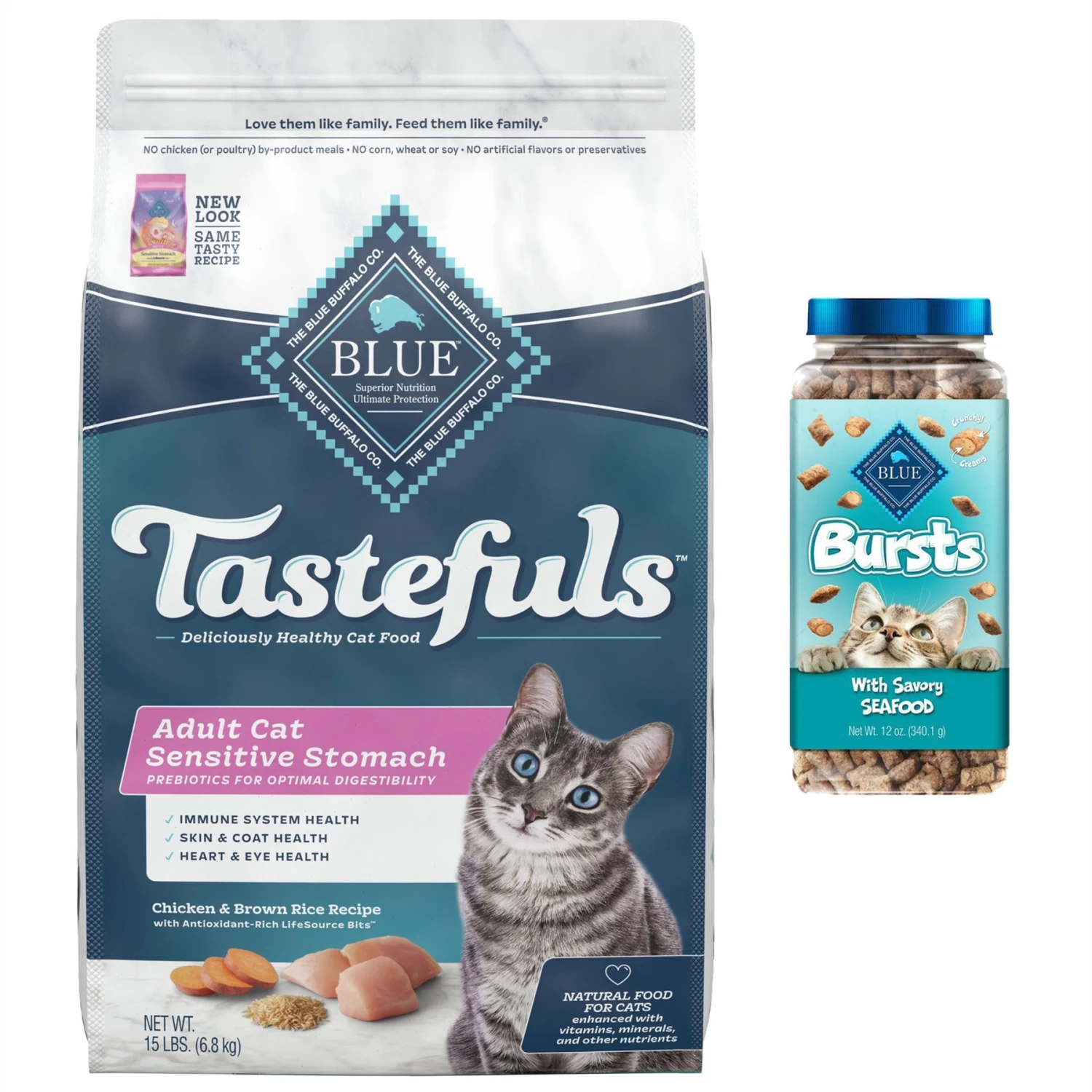 Blue Buffalo Tastefuls Sensitive Stomach Natural Chicken Adult Dry Cat Food & Blue Buffalo Bursts With Savory Seafood Cat Treats