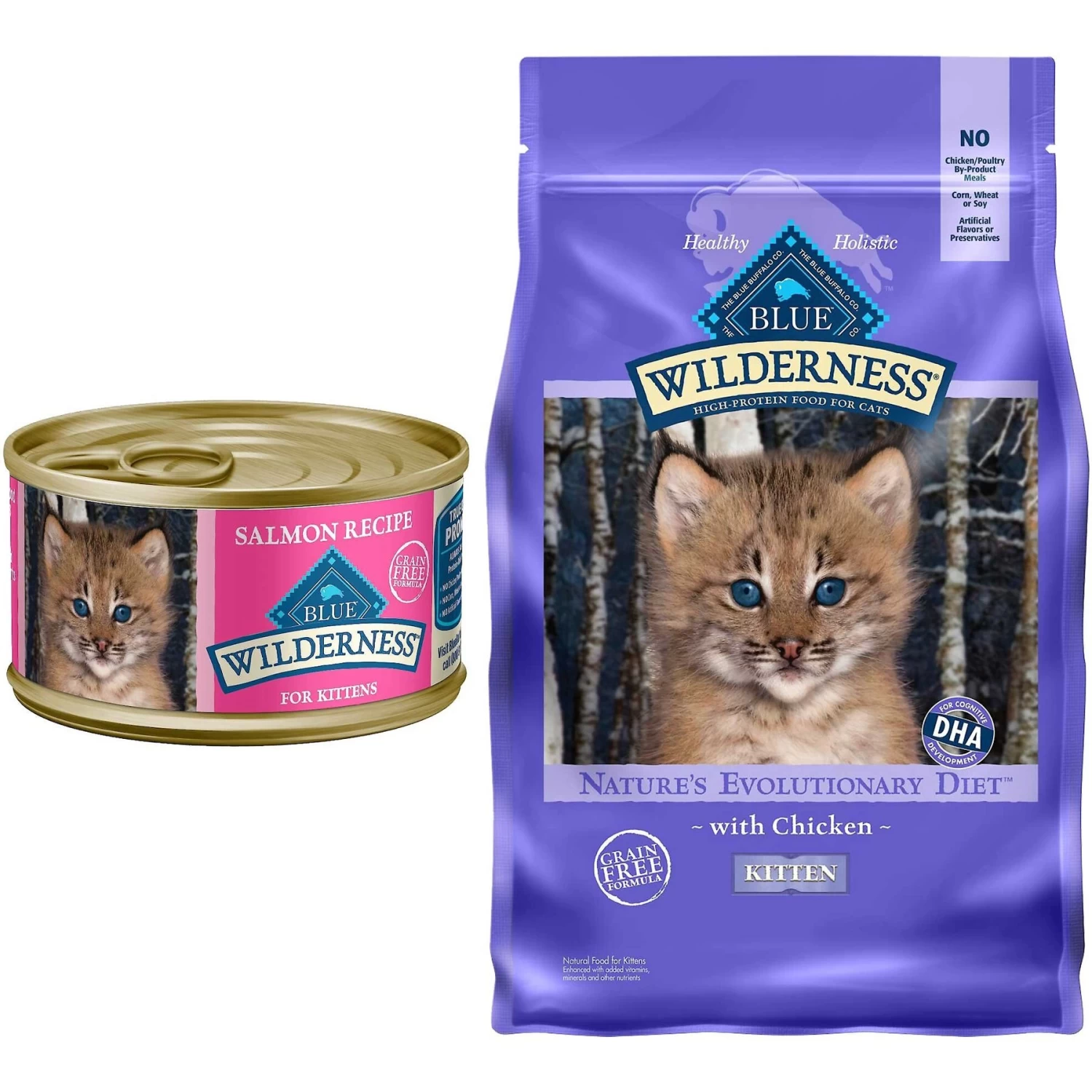 Blue Buffalo Wilderness Kitten Salmon Grain-Free Canned Cat Food & Blue Buffalo Wilderness High Protein Natural Grain-Free Chicken Kitten Dry Cat Food