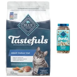 Blue Buffalo Tastefuls Chicken Indoor Natural Adult Dry Cat Food & Blue Buffalo Bursts With Savory Seafood Cat Treats