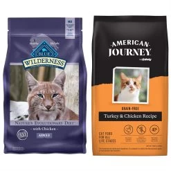American Journey Turkey & Chicken Recipe Grain-Free Dry Cat Food & Blue Buffalo Wilderness Chicken Recipe Grain-Free Dry Cat Food