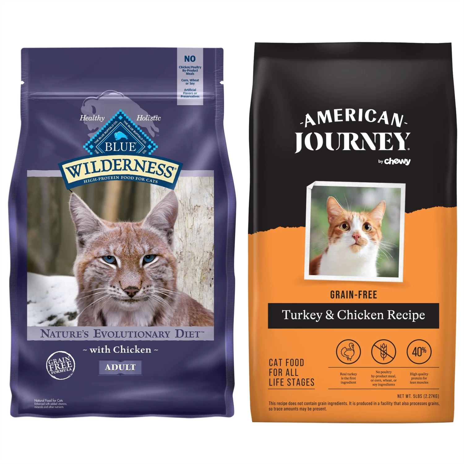 American Journey Turkey & Chicken Recipe Grain-Free Dry Cat Food & Blue Buffalo Wilderness Chicken Recipe Grain-Free Dry Cat Food