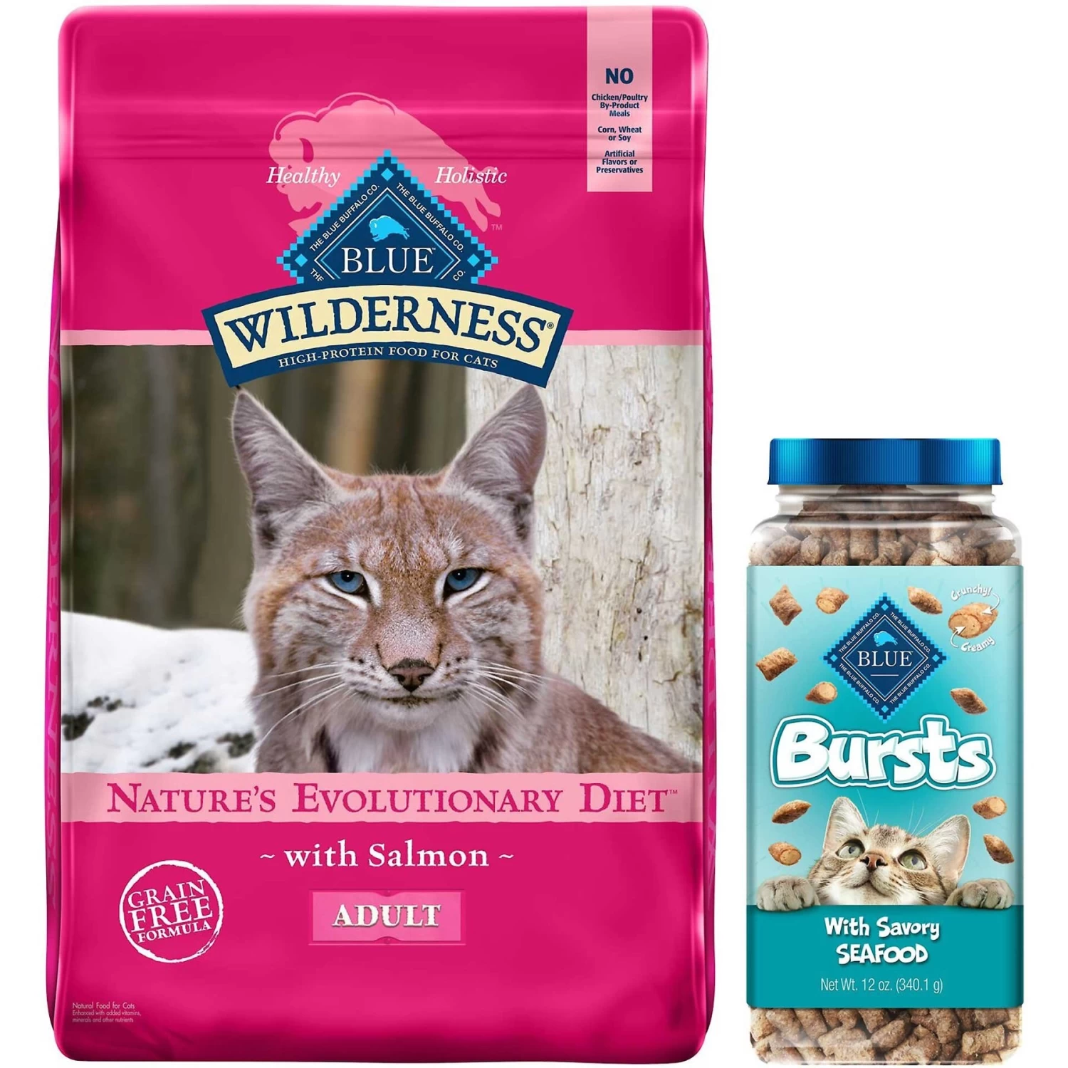 Blue Buffalo Wilderness Salmon Recipe Grain-Free Dry Cat Food & Blue Buffalo Bursts With Savory Seafood Cat Treats