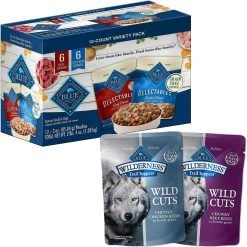 Blue Buffalo Delectables Chicken & Beef Dinner Variety Pack Grain-Free Wet Dog Food Topper, 3-oz Pouches, Case Of 12 & Blue Buffalo Wilderness Trail Toppers Wild Cuts Variety Pack Chunky Chicken & Beef Bites In Gravy Grain-Free Dog Food Topper, 3-oz, Pouch Of 12
