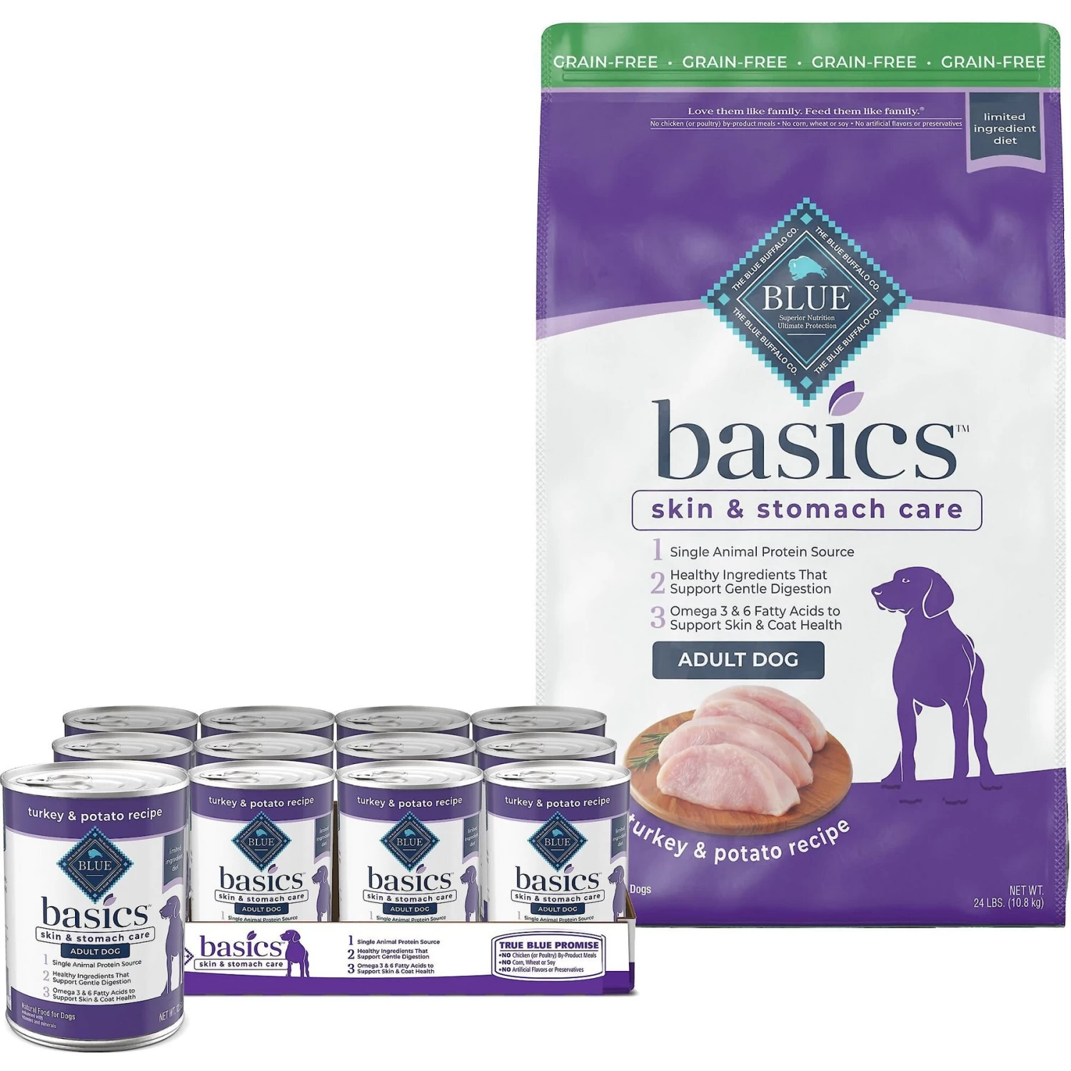 Blue Buffalo Basics Skin & Stomach Care Grain-Free Formula Turkey & Potato Recipe Adult Dry Dog Food & Blue Buffalo Basics Skin & Stomach Care Grain-Free Turkey & Potato Recipe Canned Dog Food