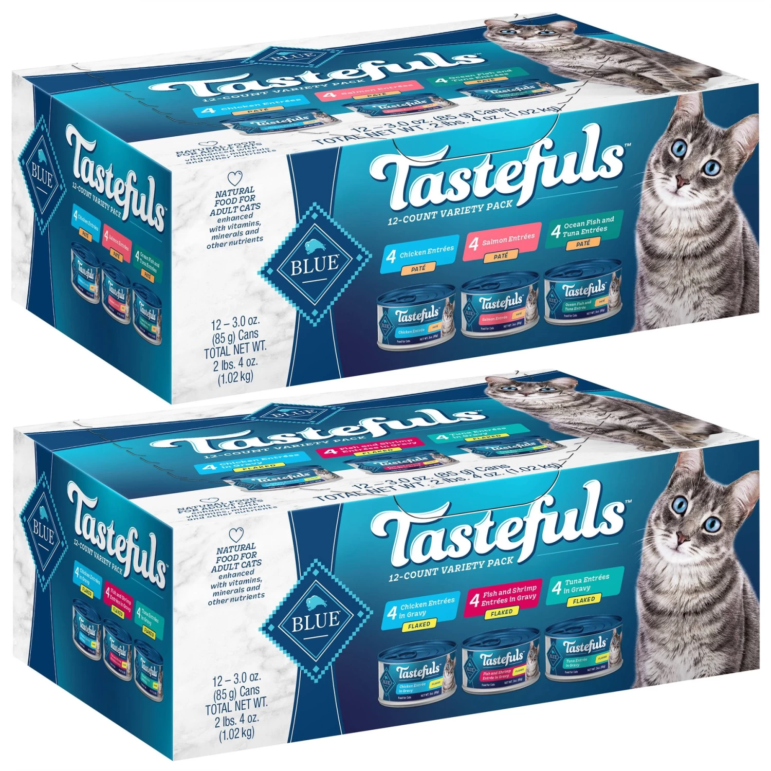 Blue Buffalo Tastefuls Salmon, Chicken, Ocean Fish & Tuna Entrées Variety Pack Pate Wet Cat Food, 3-oz Can, Case Of 12 & Blue Buffalo Tastefuls Tuna, Chicken, Fish & Shrimp Entrées Variety Pack Flaked Wet Cat Food