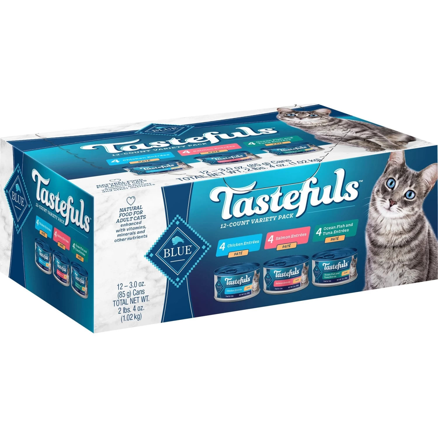 Blue Buffalo Tastefuls Salmon, Chicken, Ocean Fish & Tuna Entrées Variety Pack Pate Wet Cat Food, 3-oz Can, Case Of 12 & Blue Buffalo Tastefuls Tuna, Chicken, Fish & Shrimp Entrées Variety Pack Flaked Wet Cat Food - Image 2