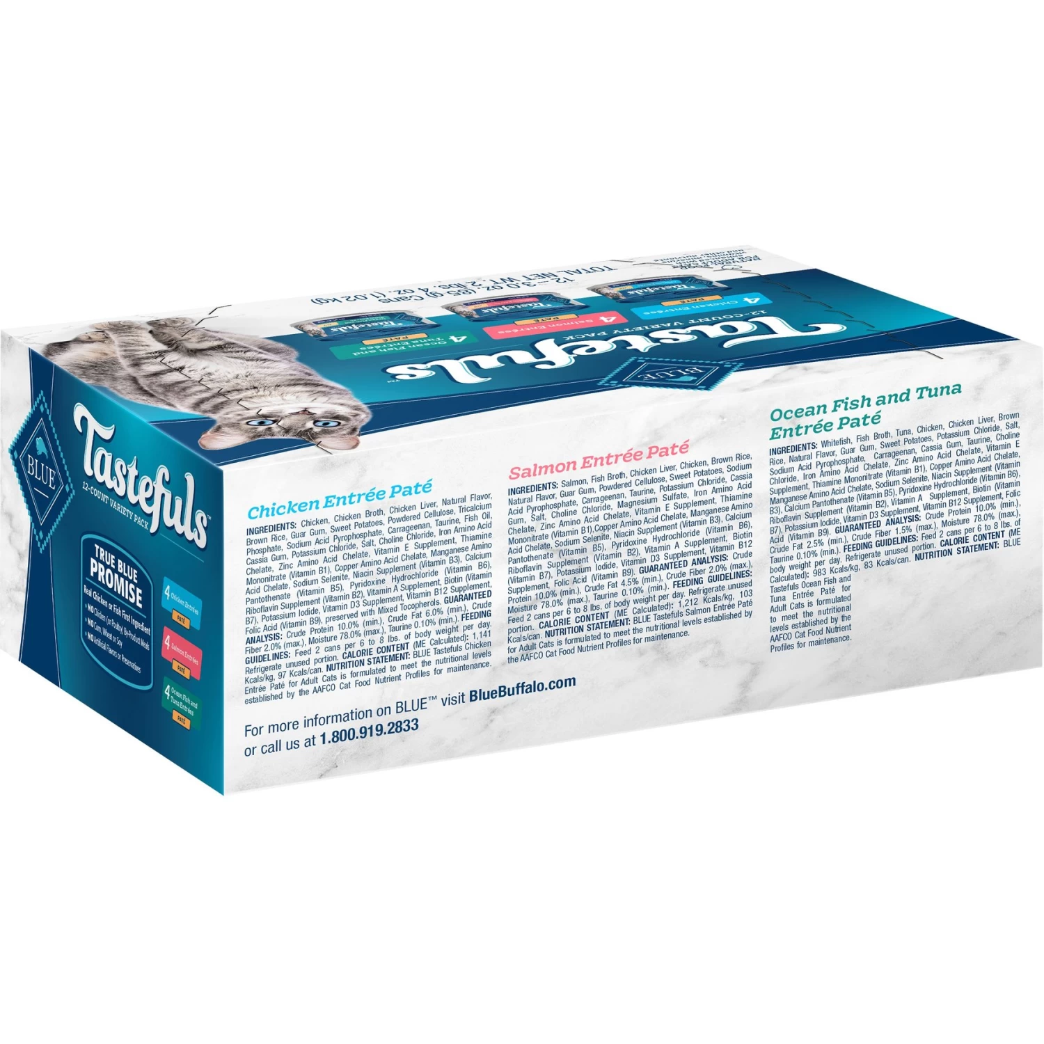 Blue Buffalo Tastefuls Salmon, Chicken, Ocean Fish & Tuna Entrées Variety Pack Pate Wet Cat Food, 3-oz Can, Case Of 12 & Blue Buffalo Tastefuls Tuna, Chicken, Fish & Shrimp Entrées Variety Pack Flaked Wet Cat Food - Image 3