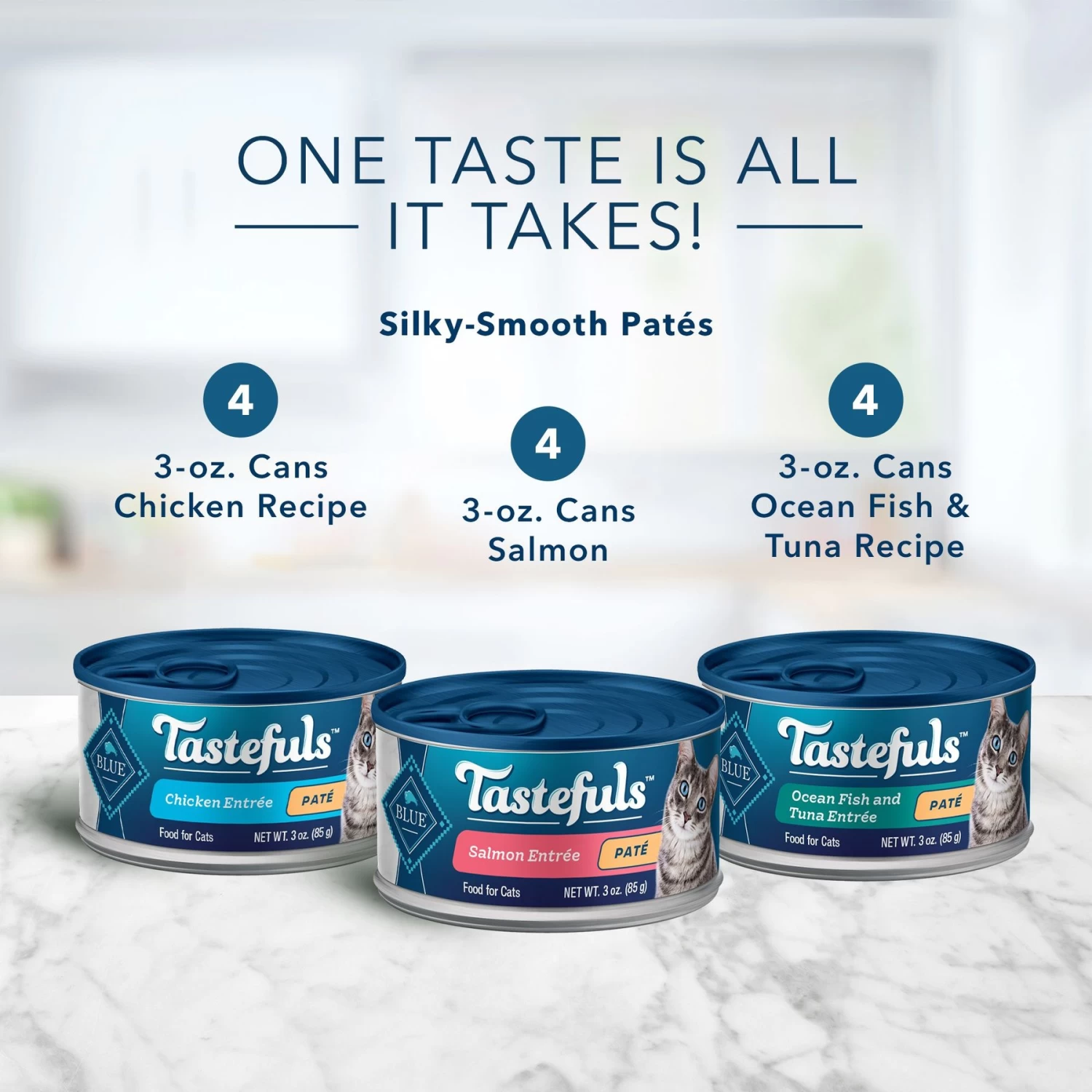 Blue Buffalo Tastefuls Salmon, Chicken, Ocean Fish & Tuna Entrées Variety Pack Pate Wet Cat Food, 3-oz Can, Case Of 12 & Blue Buffalo Tastefuls Tuna, Chicken, Fish & Shrimp Entrées Variety Pack Flaked Wet Cat Food - Image 4