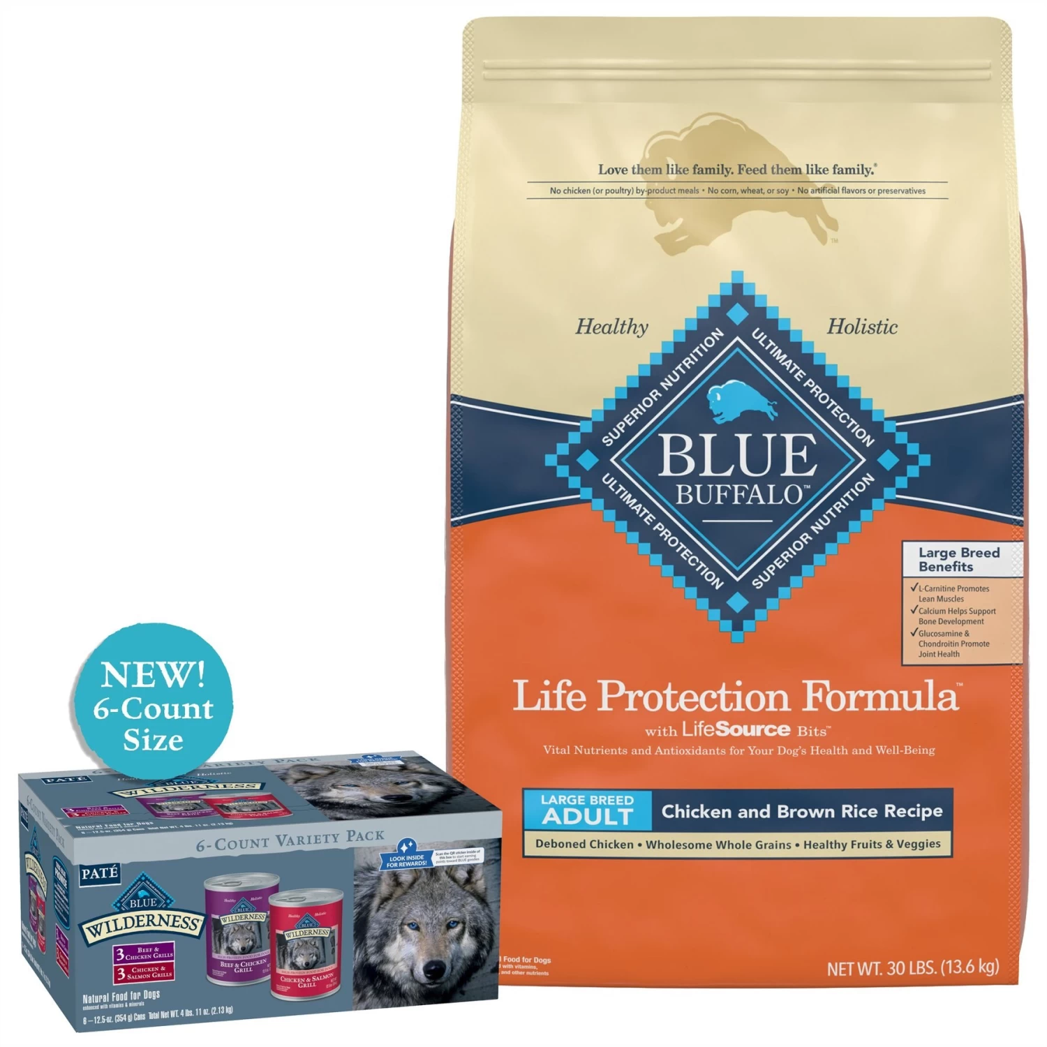 Blue Buffalo Wilderness Beef & Salmon Variety Pack Wet Dog Food & Blue Buffalo Life Protection Formula Large Breed Adult Chicken & Brown Rice Recipe Dry Dog Food