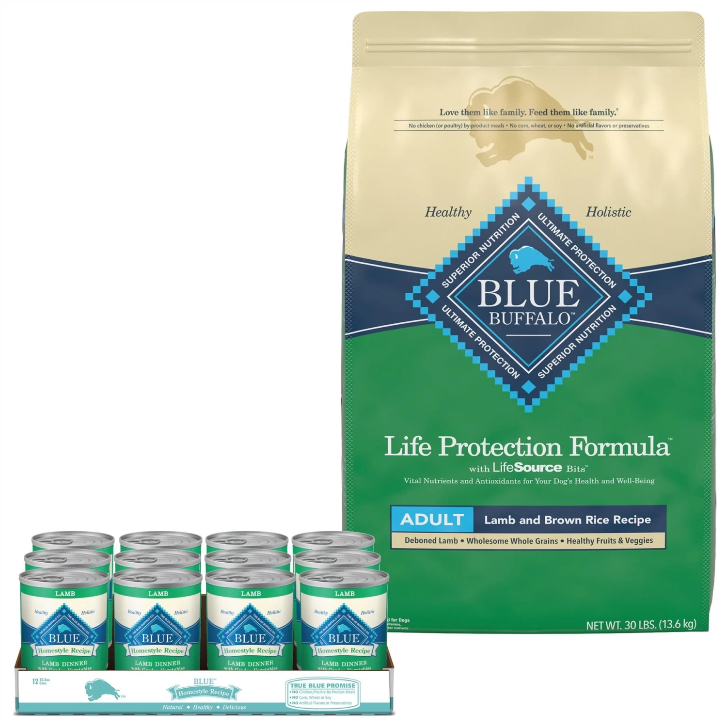 Blue Buffalo Life Protection Formula Adult Lamb & Brown Rice Recipe Dry Dog Food & Blue Buffalo Homestyle Recipe Lamb Dinner With Garden Vegetables Canned Dog Food