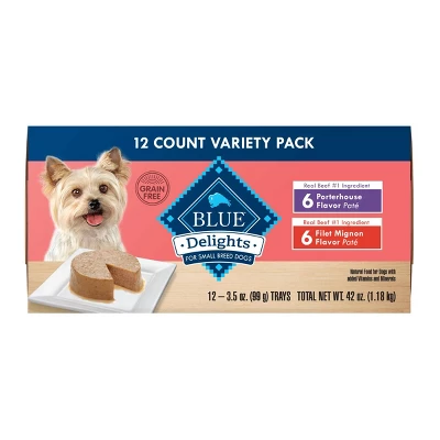 Blue Buffalo Delights Grain Free Paté Small Breed Wet Dog Food With Beef In Porterhouse & Filet Mignon Flavors - 3.5oz/12ct Variety Pack